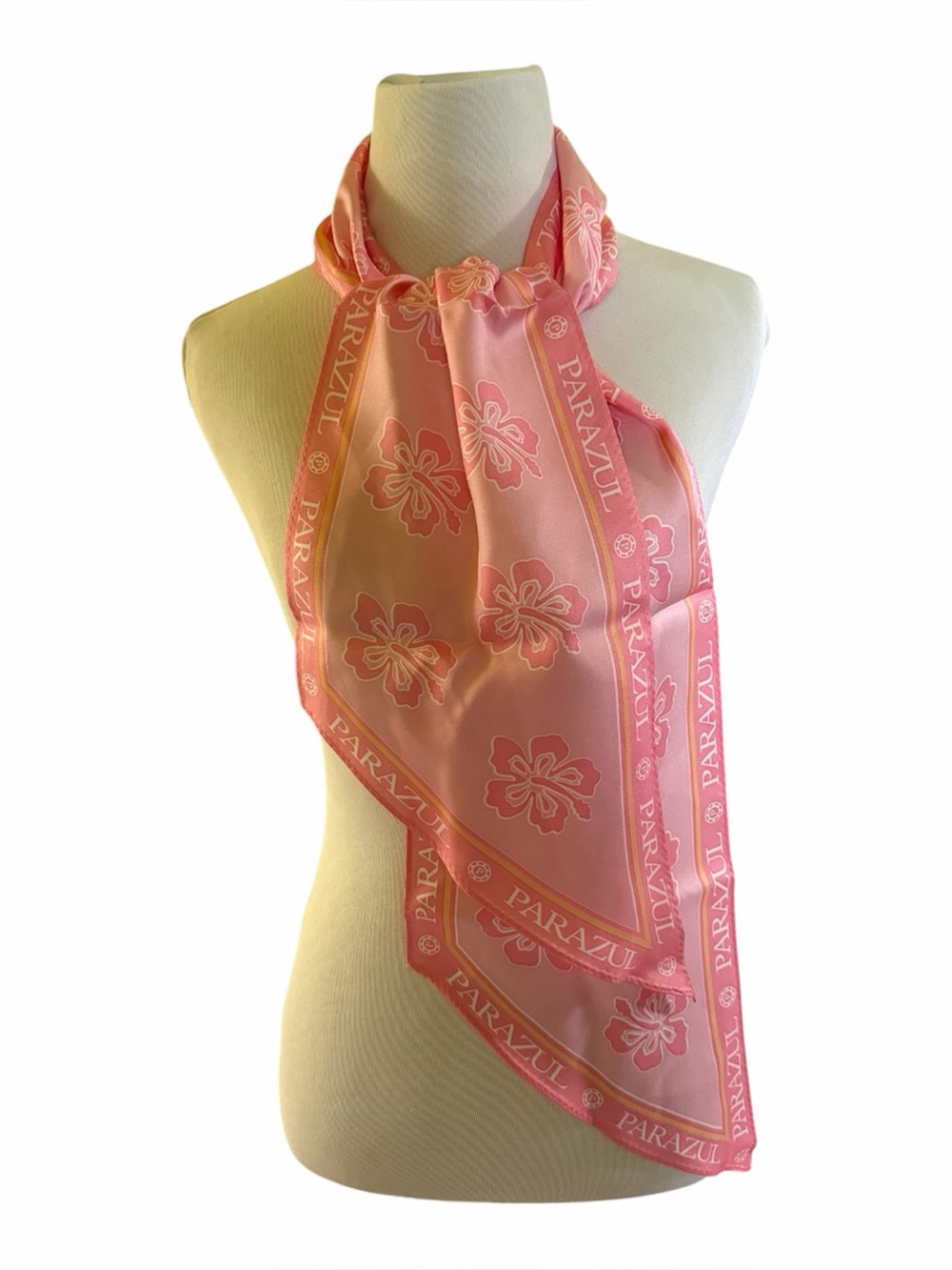 Parazul Pink Floral 100% Silk  Scarf with Hibiscus Hawaian classic twilly